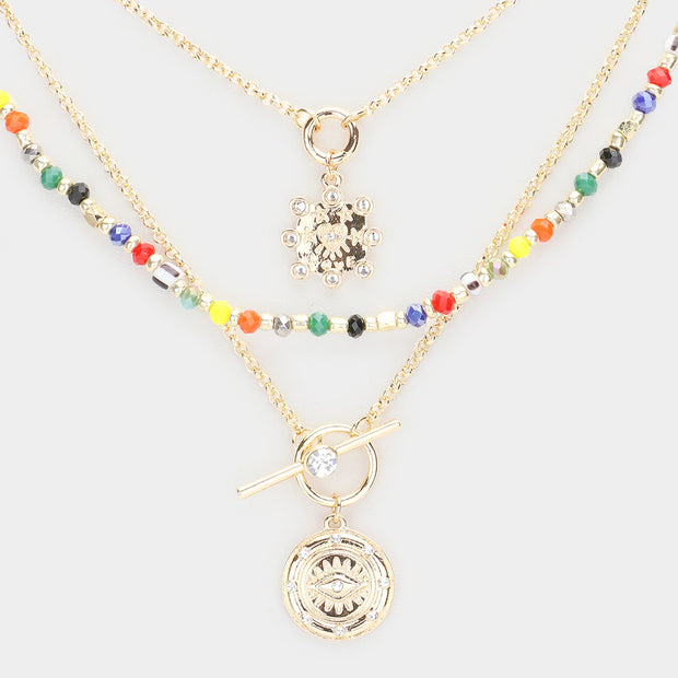 Mama Jojo Stone Embellished Evil Eye Round Pendant Multi Layered Necklace