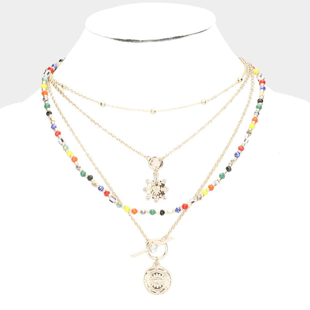 Mama Jojo Stone Embellished Evil Eye Round Pendant Multi Layered Necklace