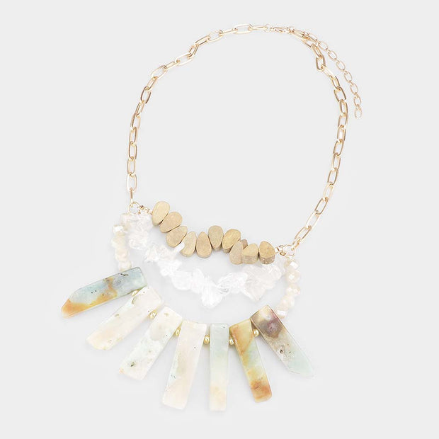 Mama Jojo Wood Teardrop Irregular Semi Precious Stone Bar Necklace