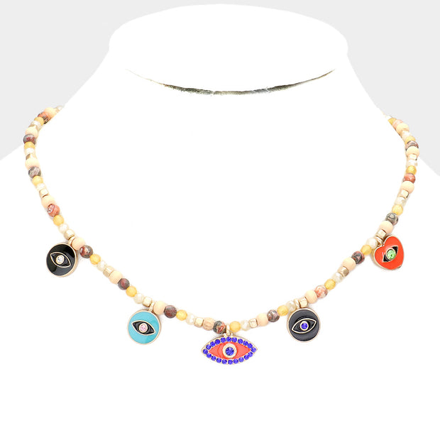 Mama Jojo Stone Center Enamel Evil Eye Pendant Station Multi Beaded Necklace