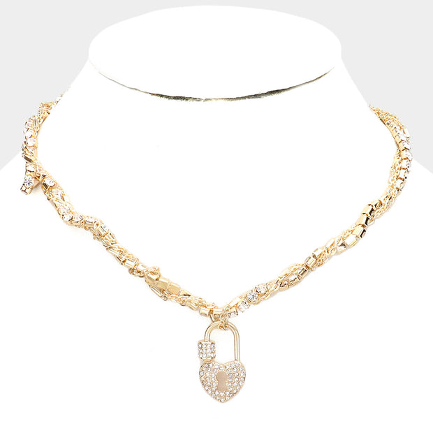 Mama Jojo Rhinestone Embellished Heart Lock Pendant Necklace