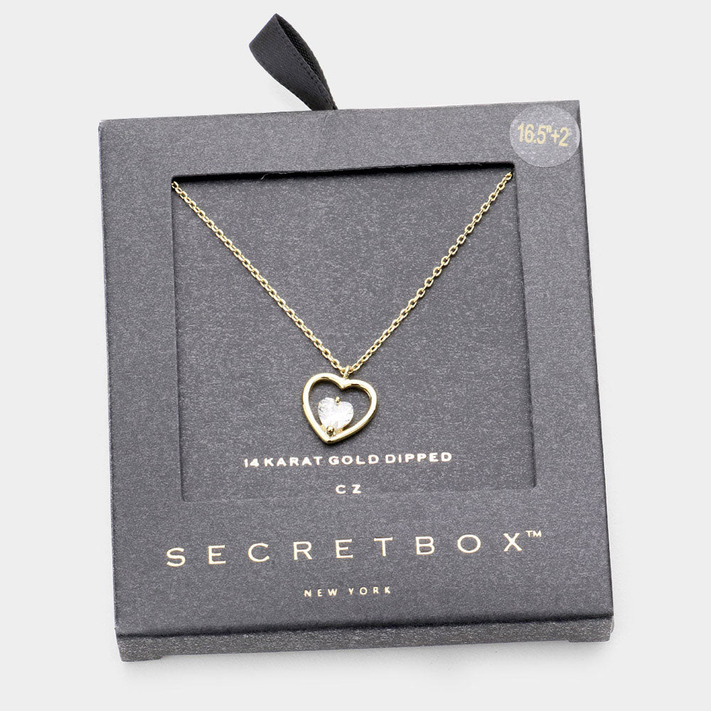 Mama Jojo Secret Box _ 14k Gold Dipped Cz Metal Heart Pendant Necklace