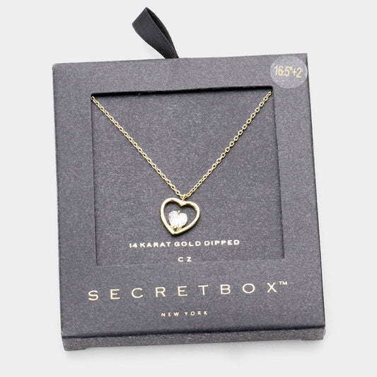 Mama Jojo Secret Box _ 14k Gold Dipped Cz Metal Heart Pendant Necklace
