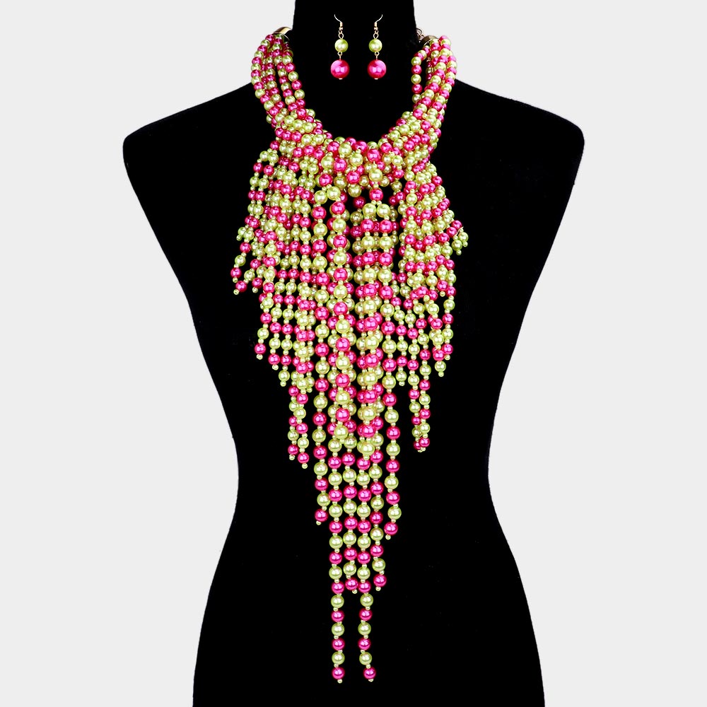 Pink and Green Multi Pearl Strand Statement Necklace