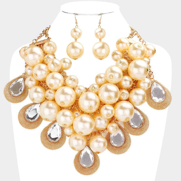Teardrop Stone Accented Pearl Cluster Necklace