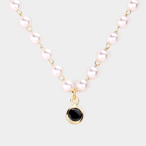 Round Stone Pendant Pearl Link Necklace0