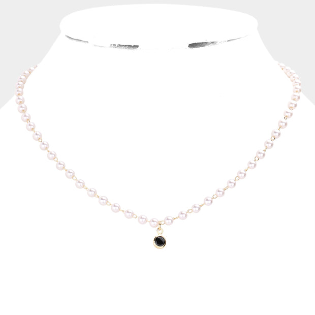 Round Stone Pendant Pearl Link Necklace0