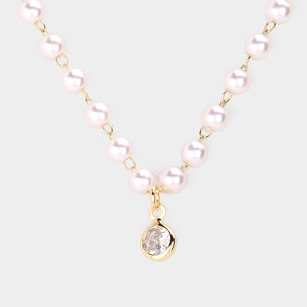 Round Stone Pendant Pearl Link Necklace1