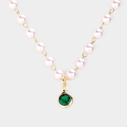 Round Stone Pendant Pearl Link Necklace3