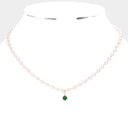 Round Stone Pendant Pearl Link Necklace3