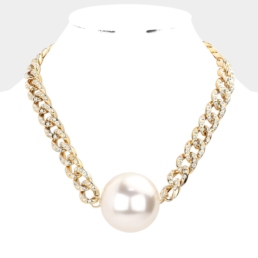 Pearl Pendant Rhinestone Embellished Chain Necklace