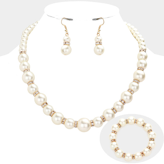 Stone Ring Pearl Necklace / Stretch Bracelet Set12