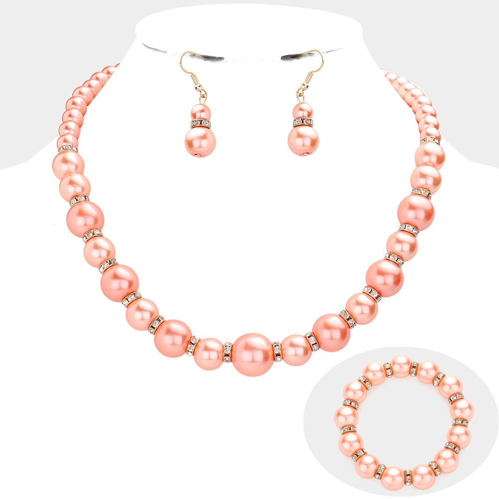 Stone Ring Pearl Necklace / Stretch Bracelet Set13