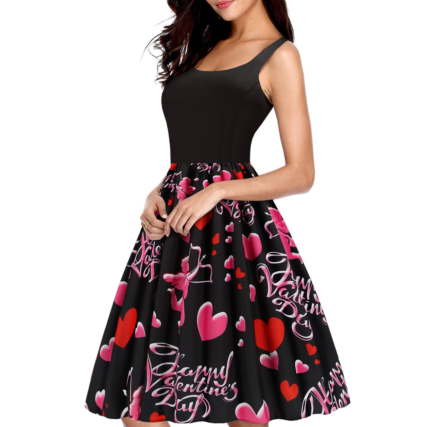 Valentines Day Temperament Stitching Heart Shaped Print Swing Dress
