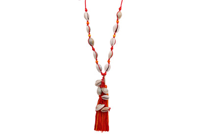 Red String and Cowrie Shell Long Tassel Necklace