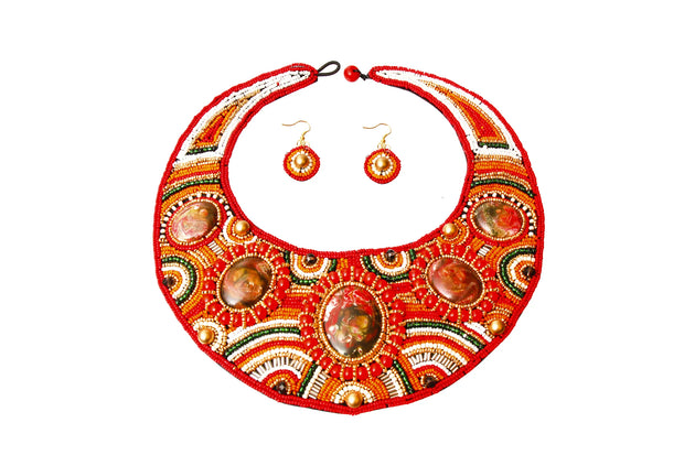 Red, White, and Orange Bead Round Collar Bib Necklace Set