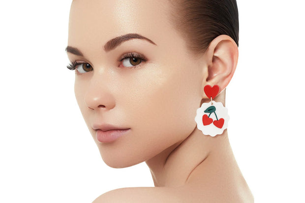 White and Red Clay Cherry Earrings